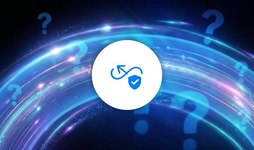 Conceptual illustration of Application Security featuring a DevSecOps icon on a glowing blue background with question marks.