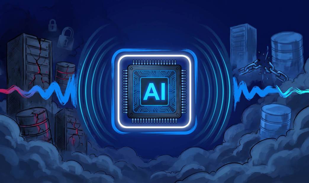 Cyber-themed illustration of a glowing AI chip disrupting digital infrastructure, symbolizing the acceleration of offensive cyber capabilities.
