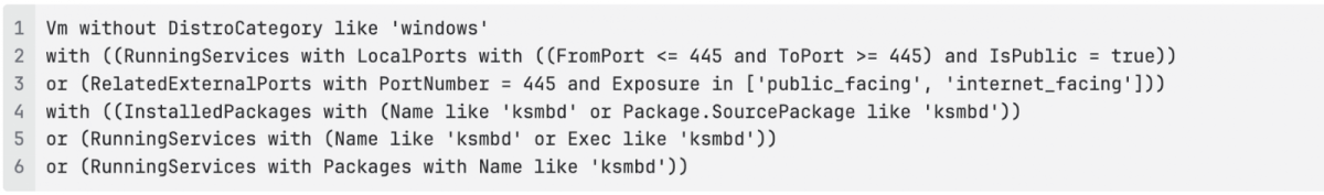 Orca Security query to identify vulnerable non-Windows VMs with public-facing SMB port 445 and ksmbd service activity.