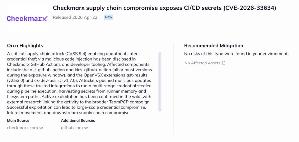 Orca Security platform alert for a critical Checkmarx supply chain attack (CVE-2026-33634) exposing CI/CD secrets through malicious GitHub Actions.
