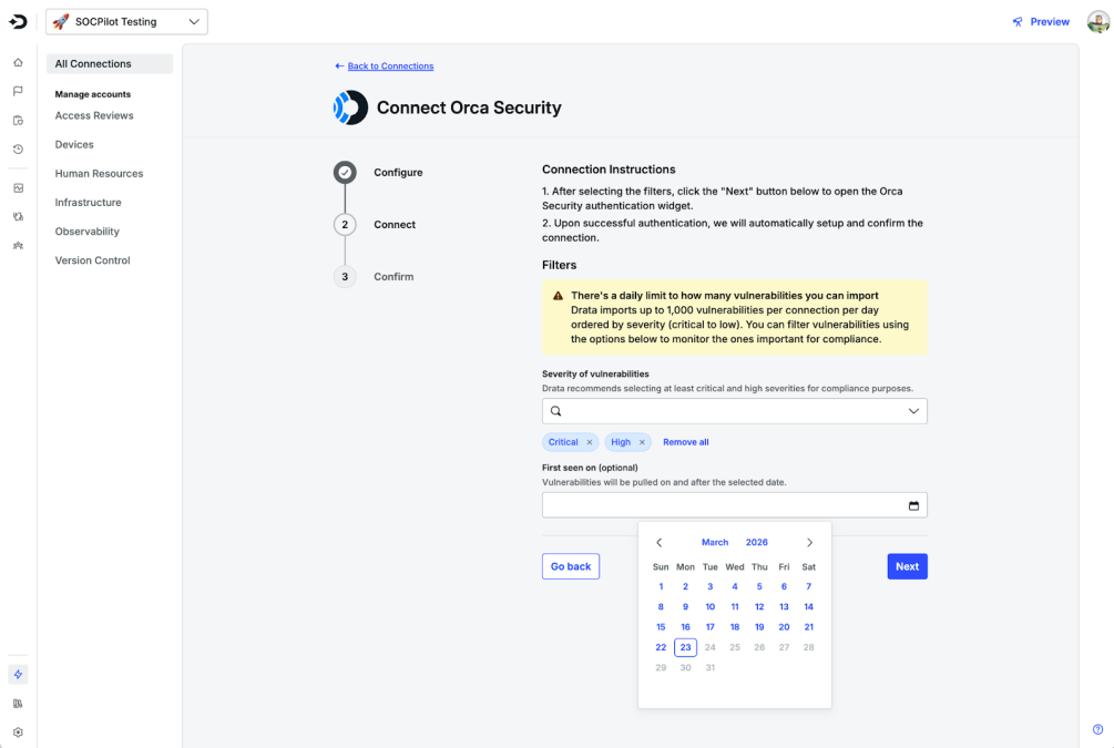 Configuration screen for the Orca Security integration in Drata, featuring vulnerability severity filters and an active date selection menu.