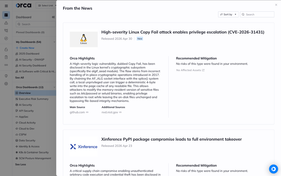 Orca Security platform news alert for 'Copy Fail' (CVE-2026-31431), a high-severity Linux kernel vulnerability enabling reliable privilege escalation via the page cache.