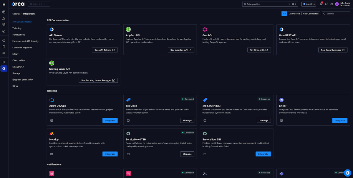 Screenshot of the Orca Security Settings Integrations page, displaying options for API documentation, ticketing systems like Jira and ServiceNow, and notification services.
