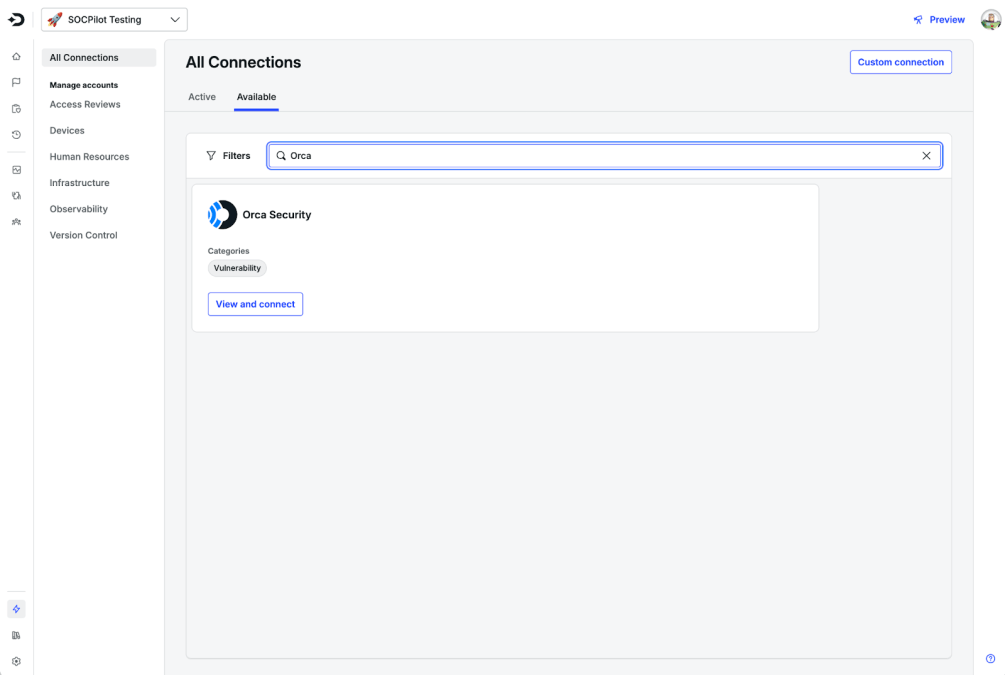 Screenshot of the SOCPilot platform's 'Available Connections' page showing an integration card for Orca Security under the 'Vulnerability' category.