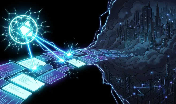 A stylized graphic of an AI node attacking data leading to a digitized city scape