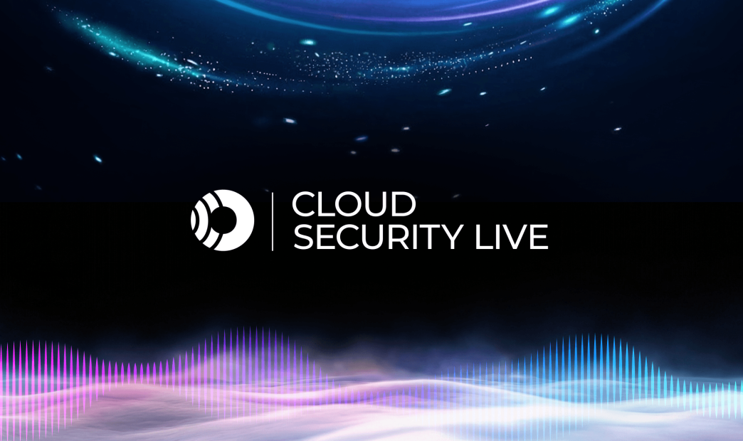Promotional banner for 'Cloud Security Live' featuring the Orca Security logo against a stylized cosmic background with colorful digital frequency waves.
