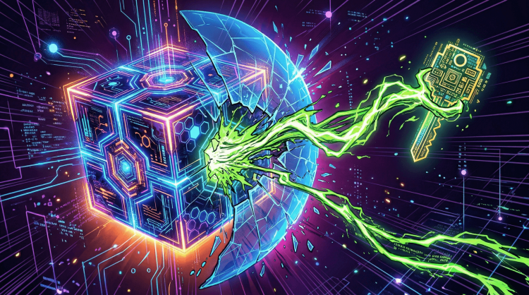 Abstract cyberpunk illustration of a green energy conduit breaking outward from inside a secure data cube to snatch a glowing digital key, representing an SSRF vulnerability and credential theft.