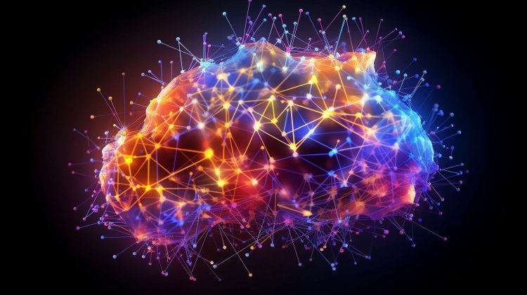 A stylized graphic of a digitized brain firing synapses in various vibrant colors