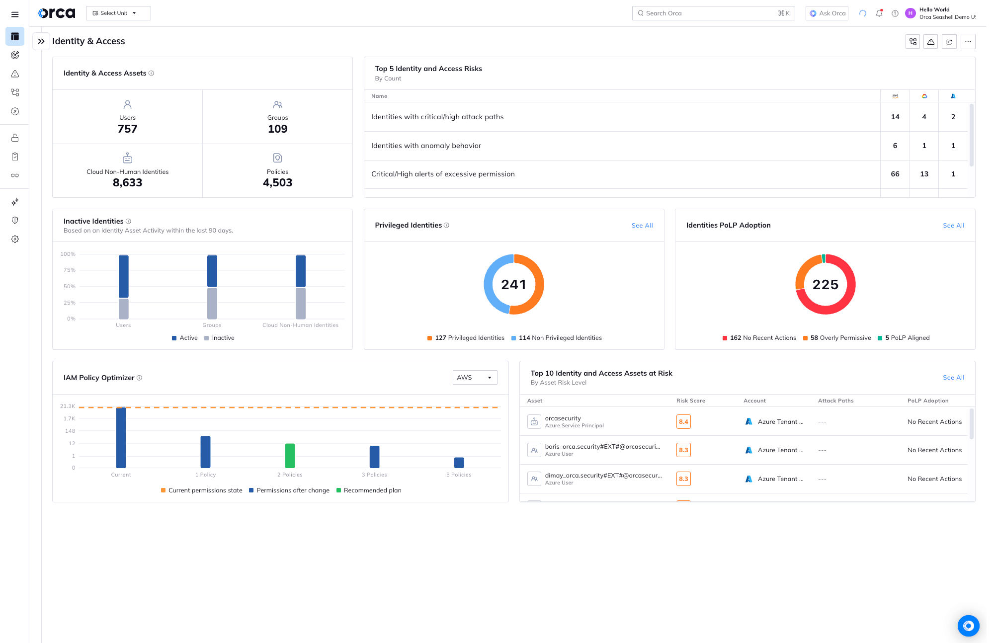 A screenshot of the Orca platform's Identity and Access dashboard overview