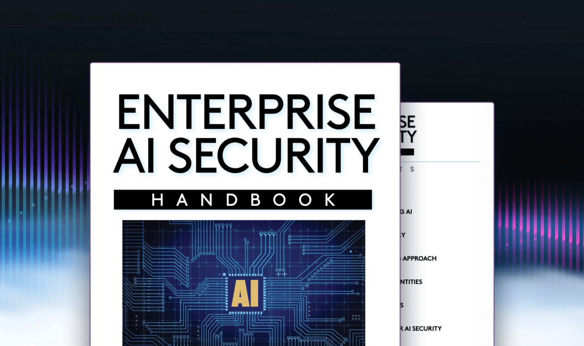 Cover of the 'Enterprise AI Security Handbook' featuring a digital circuit board graphic with an AI core against a wave-patterned background.
