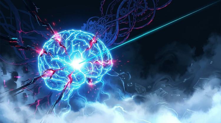 Digital illustration of a glowing blue brain fracturing from red electrical cracks, symbolizing critical artificial intelligence security risks.