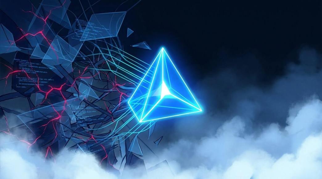 Digital illustration of a glowing blue geometric prism stabilizing a fractured digital network, symbolizing the NIST AI Risk Management Framework.
