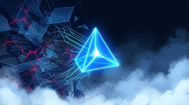 Digital illustration of a glowing blue geometric prism stabilizing a fractured digital network, symbolizing the NIST AI Risk Management Framework.