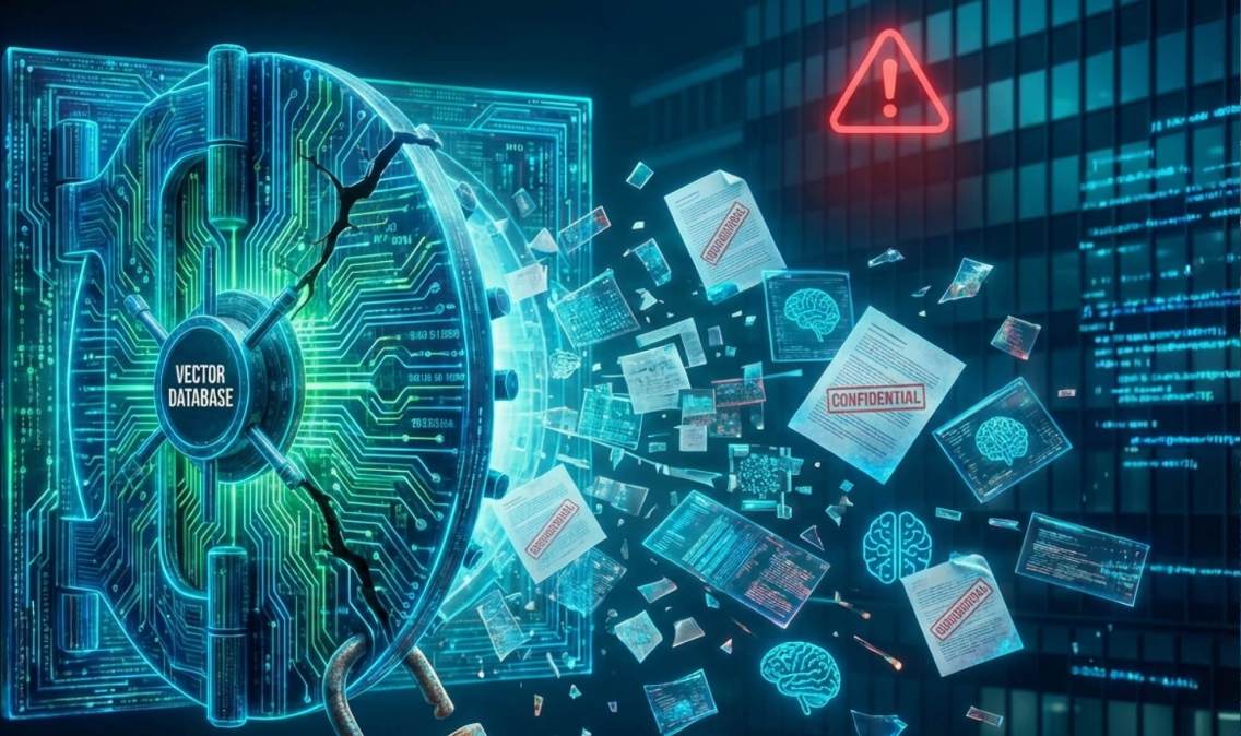 Illustration of a breached 'Vector Database' vault door leaking confidential files and brain graphics, symbolizing an AI data exposure.