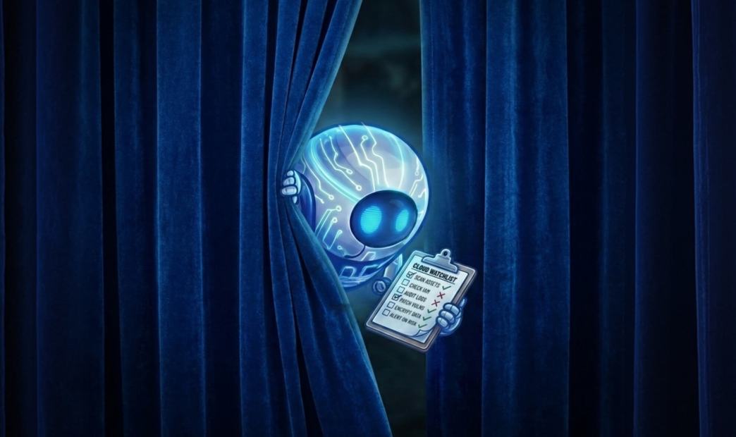 Illustration of an AI security robot peeking through blue stage curtains, holding a 'Cloud Watchlist' clipboard of automated security tasks.