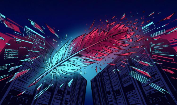 Cyber-themed illustration of the Apache feather logo shattering into digital shards, symbolizing the critical CVE-2026-23918 HTTP/2 double-free vulnerability.