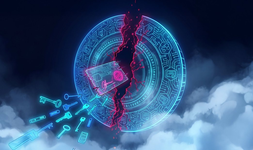 Cyber-themed illustration of a fractured cryptographic seal and certificate, symbolizing the Coder PKCS#7 signature bypass (CVE-2026-46354).