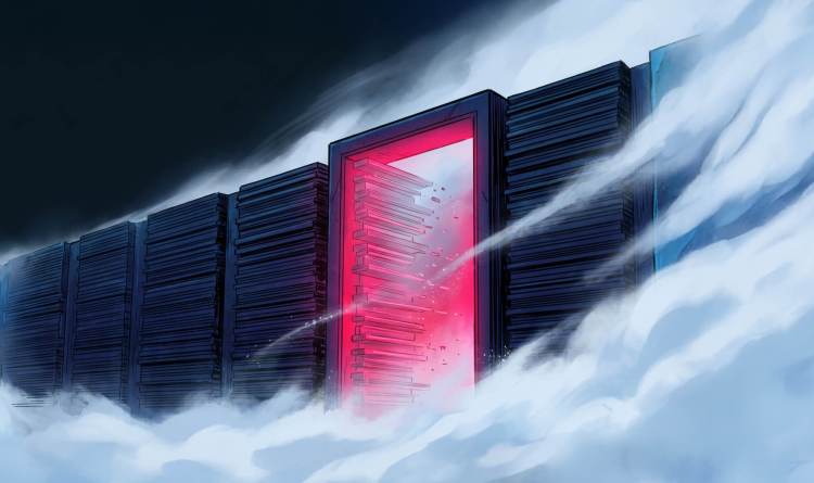 Digital illustration of an open, glowing red server vault door amid cloud stacks, representing the Gitea container registry leak (CVE-2026-27771).