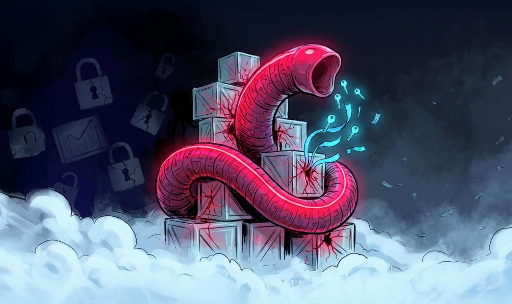 Cyber-themed illustration of the Mini Shai-Hulud worm bursting out of npm software crates while exfiltrating glowing credentials into the cloud.