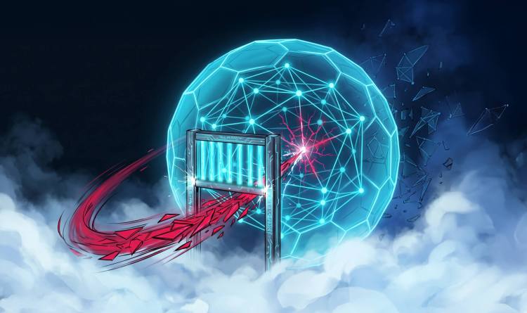Digital illustration of a red geometric stream piercing a blue security gate to fracture a glowing network sphere, representing ChromaDB pre-auth RCE.