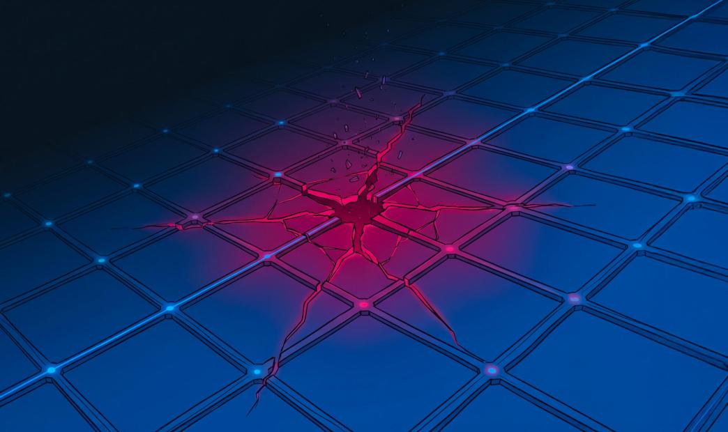 Digital illustration of a fractured blue grid network floor glowing red from a central breach, representing Kopia Backup RCE (CVE-2026-45695).