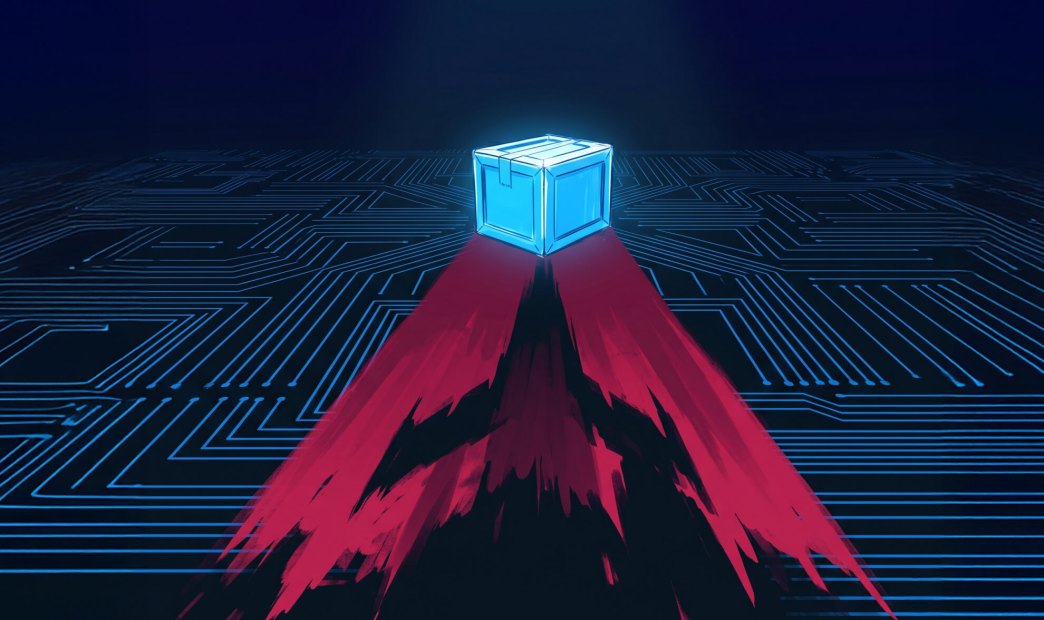 Digital illustration of a glowing blue package on a circuit board casting a jagged red shadow, symbolizing the May 2026 TanStack npm supply chain attack
