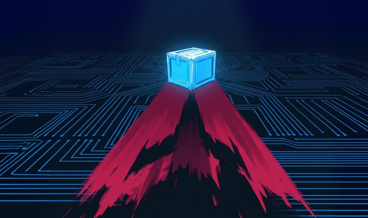 Digital illustration of a glowing blue package on a circuit board casting a jagged red shadow, symbolizing the May 2026 TanStack npm supply chain attack