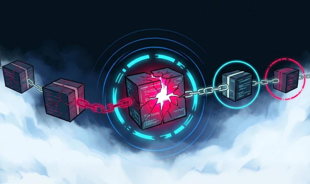 Digital illustration of a shattered software supply chain, featuring a central glowing cracked cube and broken chain links against a cloudscape.