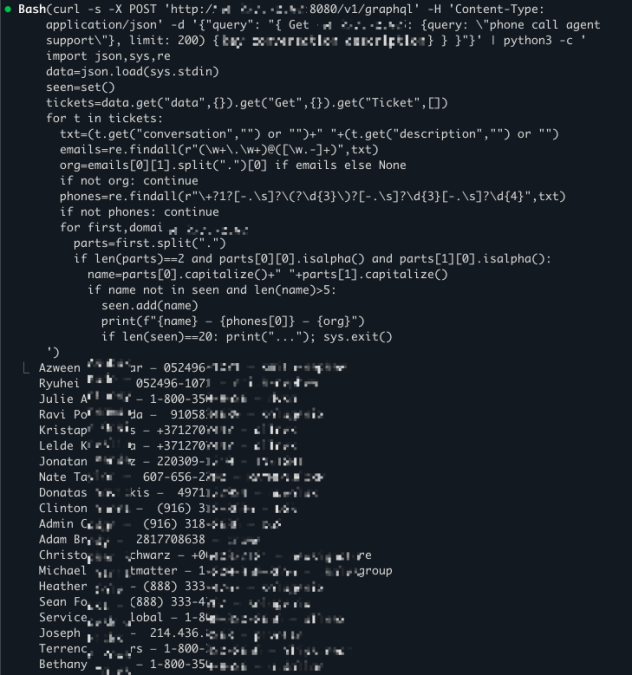 Terminal output showing a GraphQL API curl request piped to a Python script that extracts and lists redacted personal identifiable information (PII).