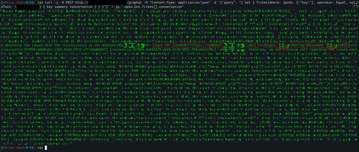 Terminal window showing a curl command querying a GraphQL API to retrieve ticket data, displaying a conversation log with highlighted plaintext credentials.