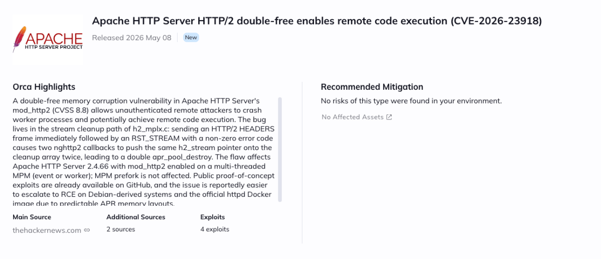 Orca Security platform alert for a critical Apache HTTP Server HTTP/2 double-free (CVE-2026-23918) enabling unauthenticated remote code execution.