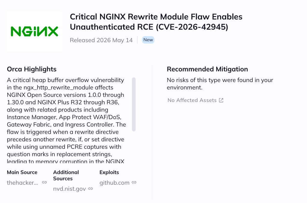 Orca Security platform alert for a critical NGINX rewrite module flaw (CVE-2026-42945) enabling unauthenticated remote code execution (RCE).