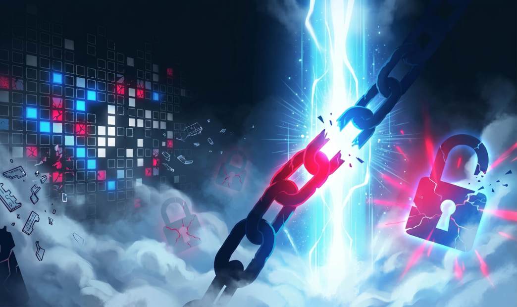 Abstract cyberpunk illustration of fragmented Linux kernel memory pages drifting in deep blue shadow, with a bright scanning beam revealing a glowing red attack chain arc against volumetric cloud mist