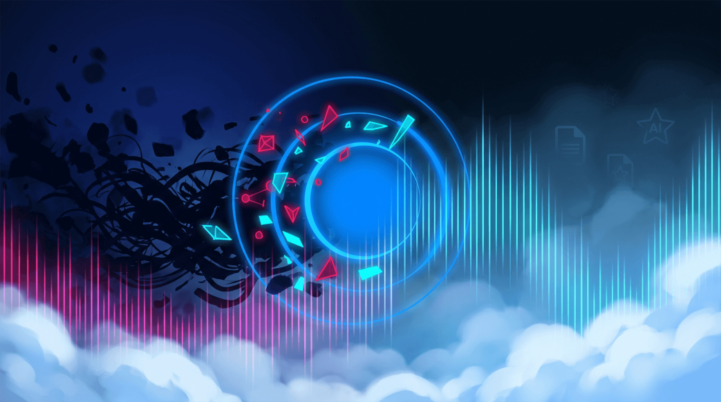 Digital illustration of a blue target lens scanning data shards over a cloudscape, symbolizing Data Security Posture Management (DSPM) for AI.