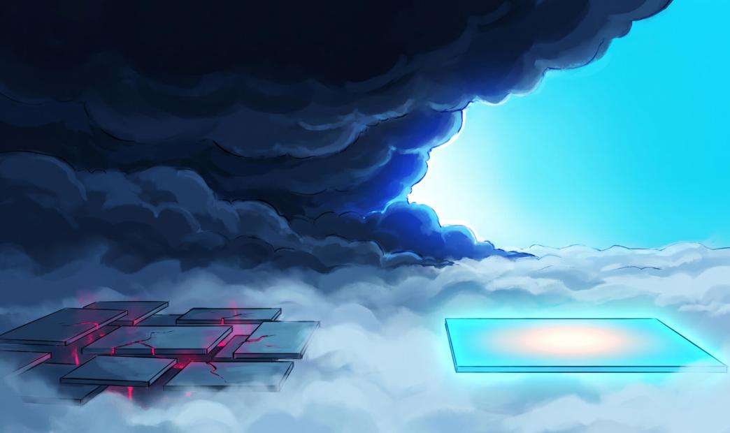 A stylized graphic of two platforms, one disjointed and broken, and another simple and whole