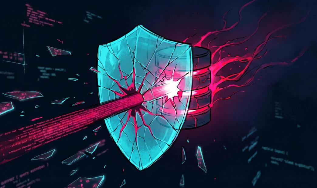 A stylized graphic of a shield being pierced by a beam of light and attacking a database