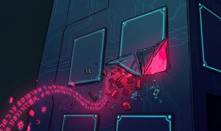 A stylized image of a panel being pried open with leaking credentials and other information being taken