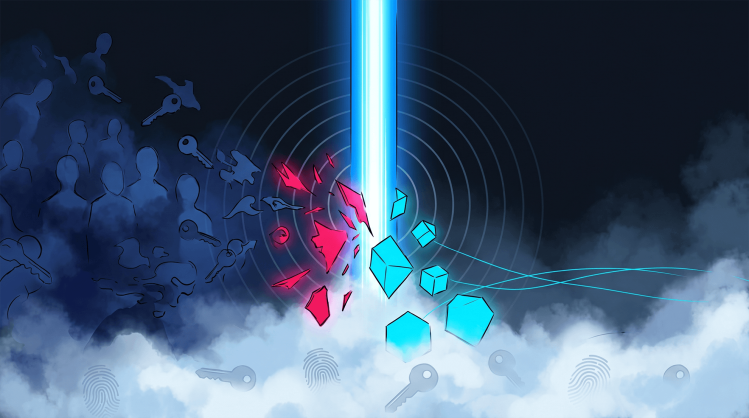Digital illustration of a glowing blue light beam filtering out hostile data fractures and keys to protect secure cloud AI cubes.