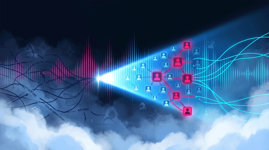 Digital illustration of a glowing blue beam illuminating hidden API keys and a compromised network identity graph over a cloudscape.