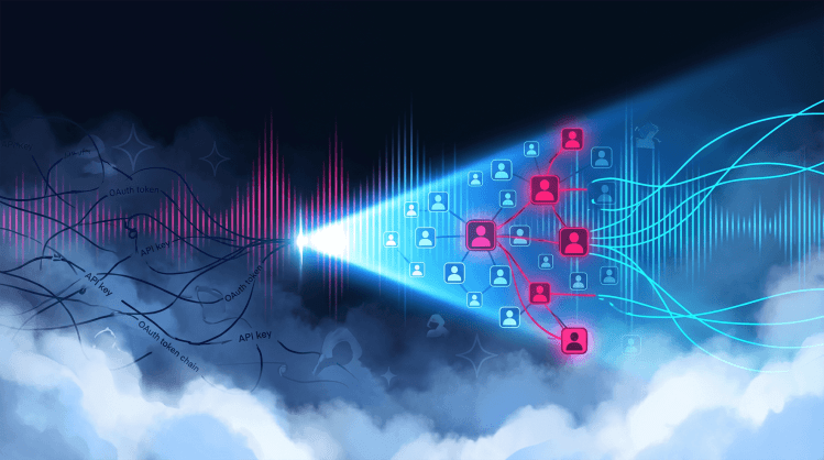 Digital illustration of a glowing blue beam illuminating hidden API keys and a compromised network identity graph over a cloudscape.