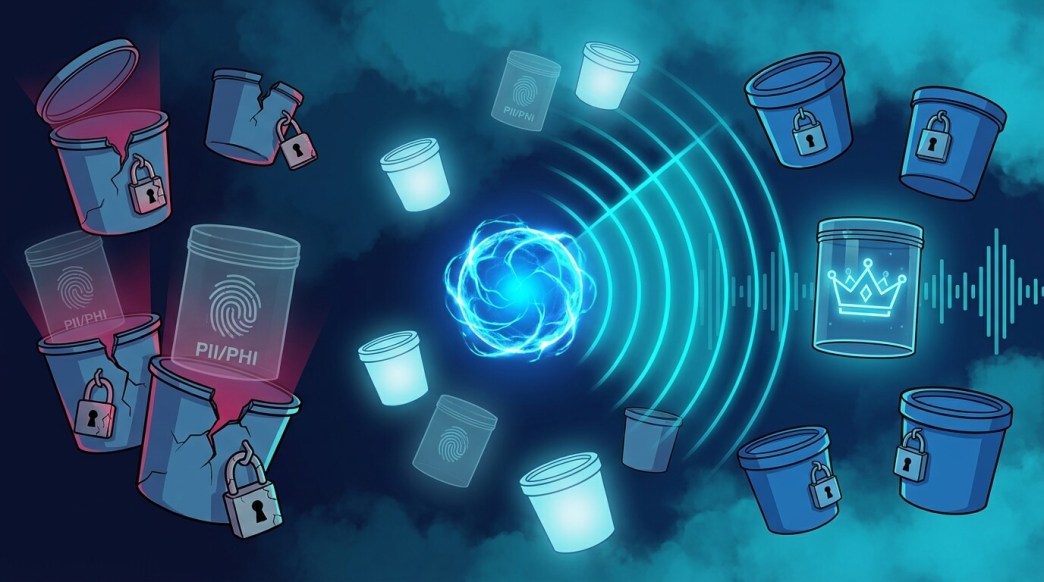 A stylized graphic showing a glowing orb scanning nearby containers for corrupted data in a cloud environment