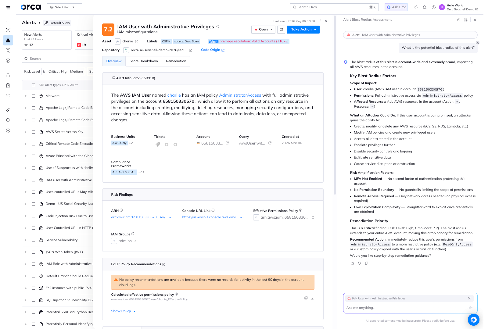 A screenshot of the Orca platform's AI-drive cloud security chat interface interacting with a specific alert for greater context