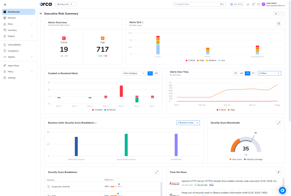 A screenshot of the Orca Platform's Executive Risk Summary dashboard