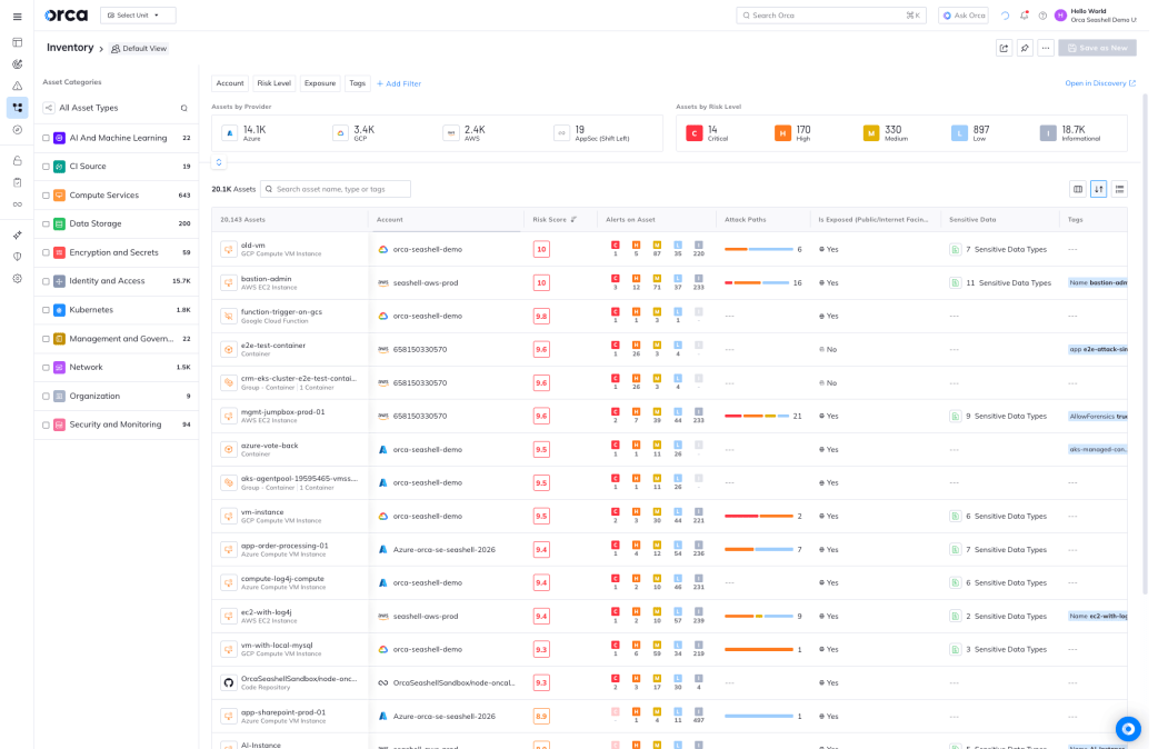 A screenshot of the asset inventory of all cloud environments in the Orca Platform