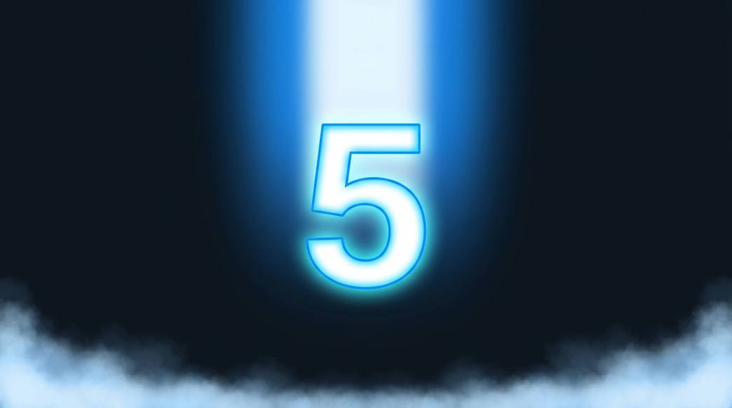 Cyberpunk illustration of a glowing neon number five illuminated by a blue spotlight above cloud infrastructure, representing a 5-step context-aware framework for prioritizing and remediating cloud vulnerabilities