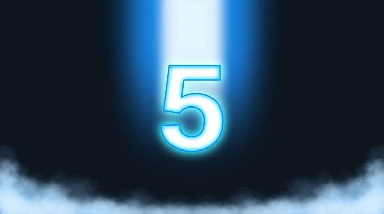 Cyberpunk illustration of a glowing neon number five illuminated by a blue spotlight above cloud infrastructure, representing a 5-step context-aware framework for prioritizing and remediating cloud vulnerabilities
