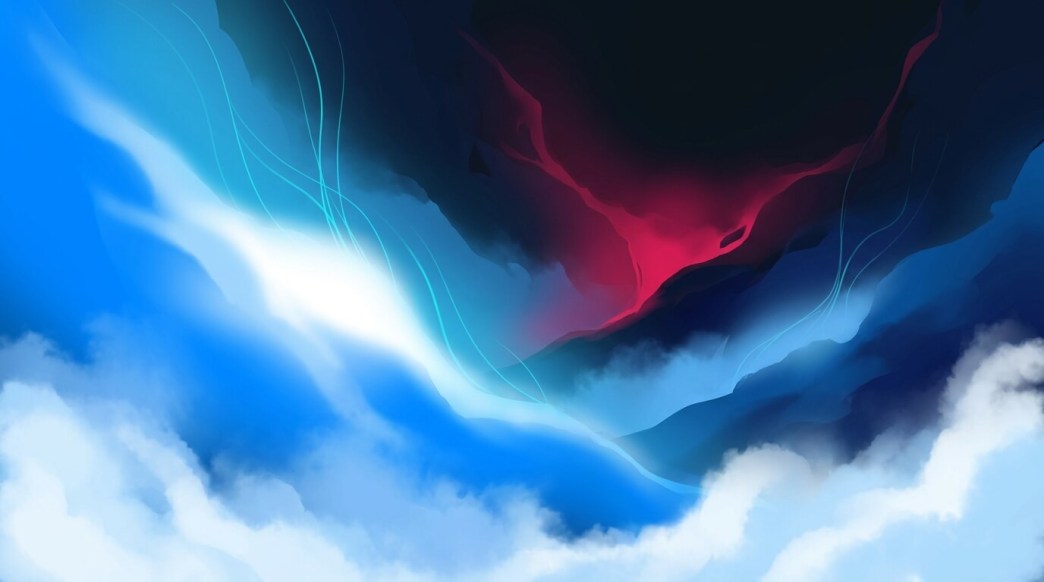 Abstract digital illustration of a glowing blue wave and thin neon lines meeting a dark, red-tinted cloud formation over a white cloudscape.