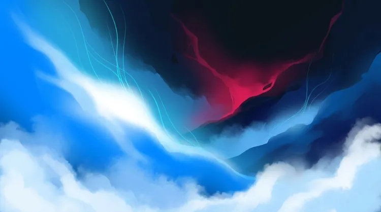 Abstract digital illustration of a glowing blue wave and thin neon lines meeting a dark, red-tinted cloud formation over a white cloudscape.