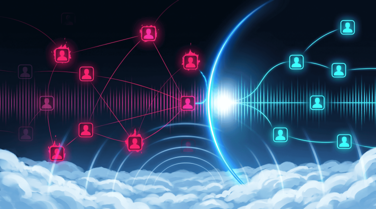 Digital illustration of a blue security shield separating a compromised red identity mesh from a secure blue user network, over a cloudscape.
