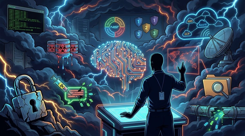 Digital illustration of a glowing blue robot head integrated with a circuit board, symbolizing large language model security.